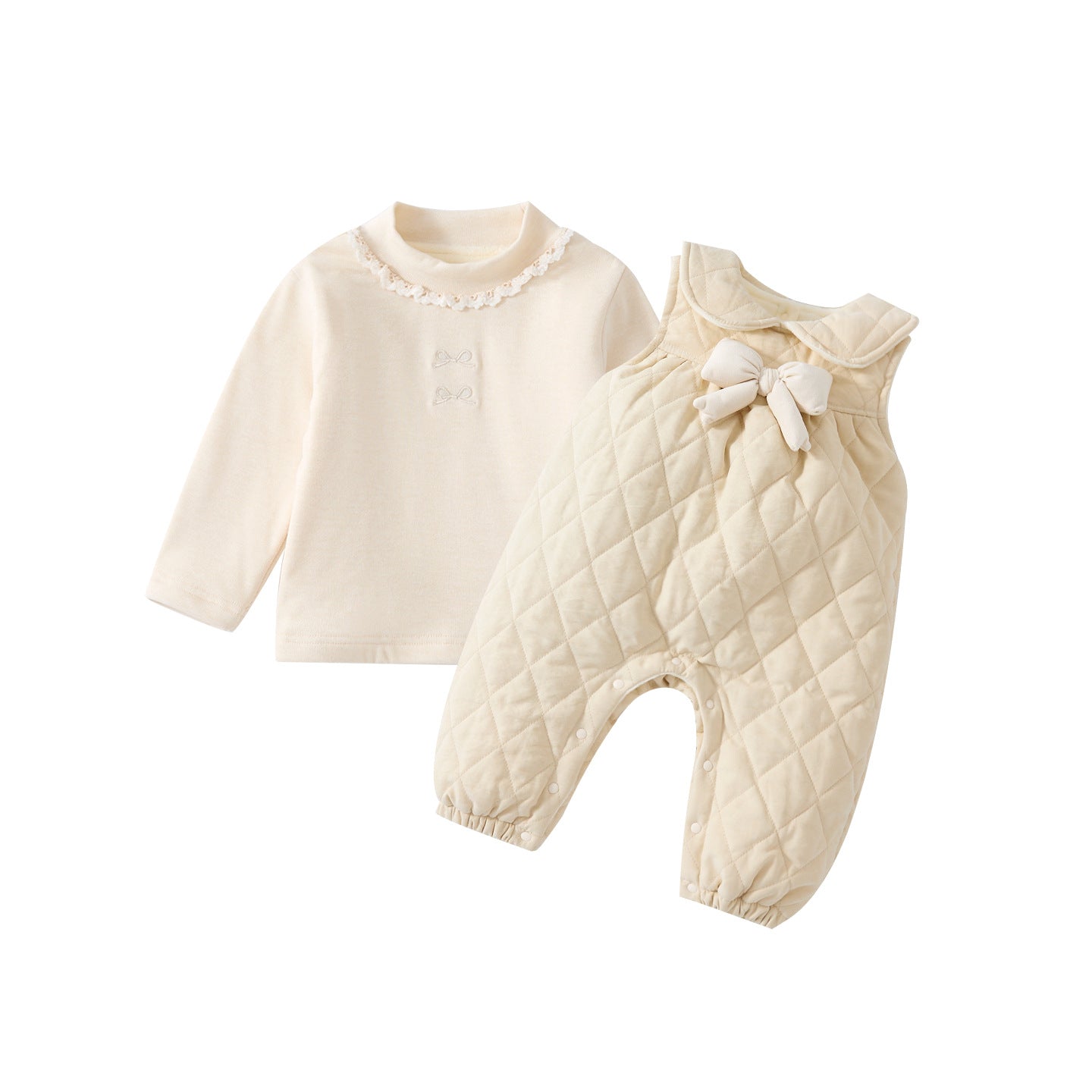 Cotton-filled Overalls Romper Set with Bow for Baby Girls, Two-Piece Outfit