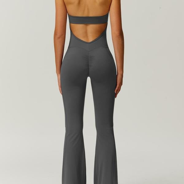 Cross-border  Pure Color V-neck Halter Yoga Sport Wide-leg Pants Tight Bodysuit