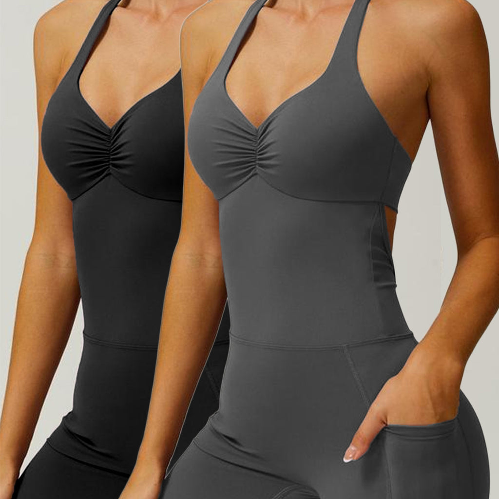 Cross-border  Pure Color V-neck Halter Yoga Sport Wide-leg Pants Tight Bodysuit