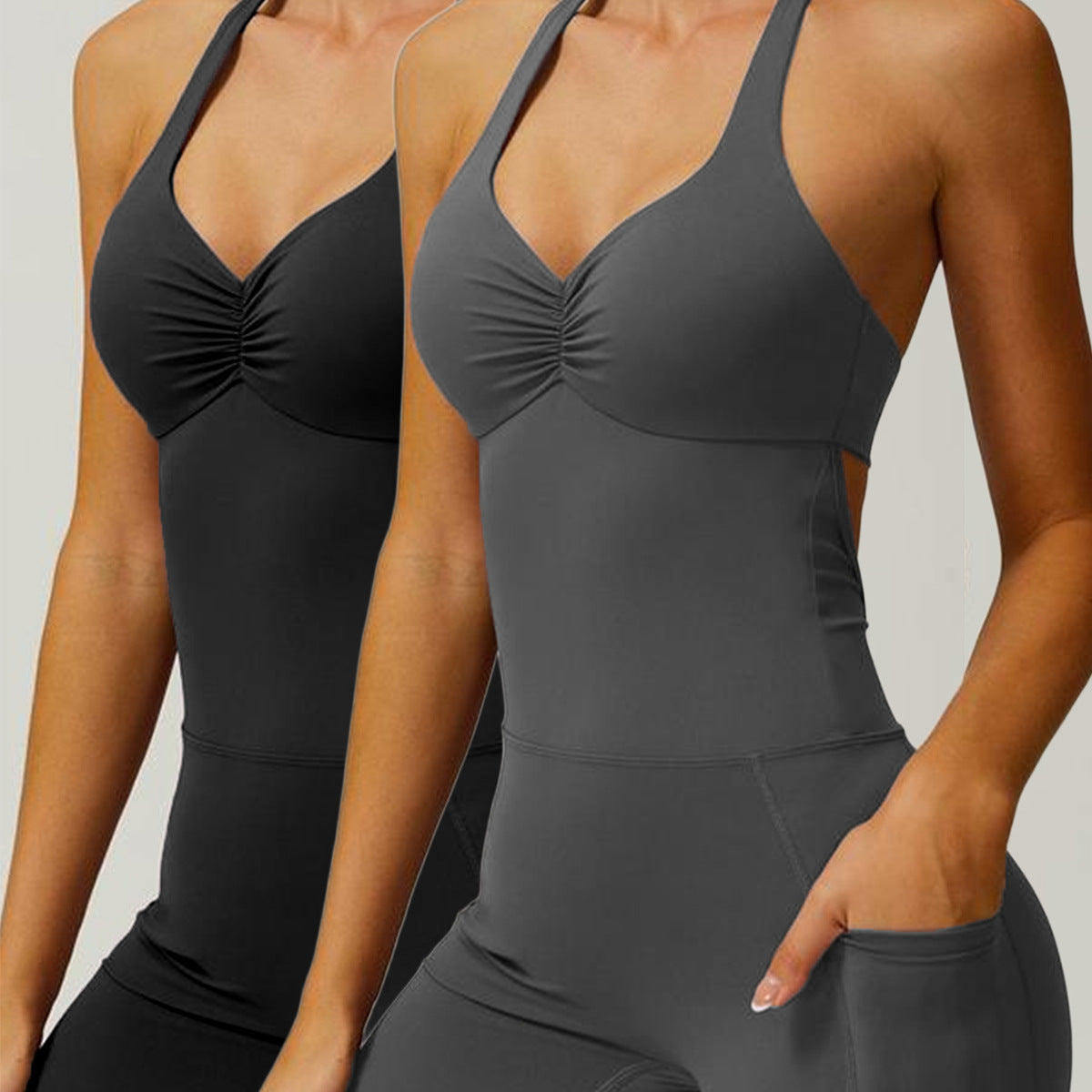 Cross-border  Pure Color V-neck Halter Yoga Sport Wide-leg Pants Tight Bodysuit