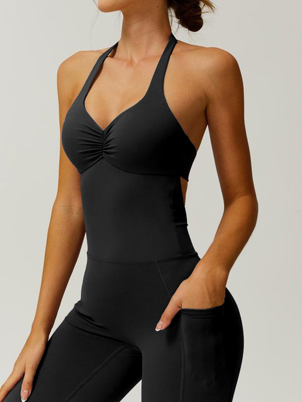 Cross-border  Pure Color V-neck Halter Yoga Sport Wide-leg Pants Tight Bodysuit