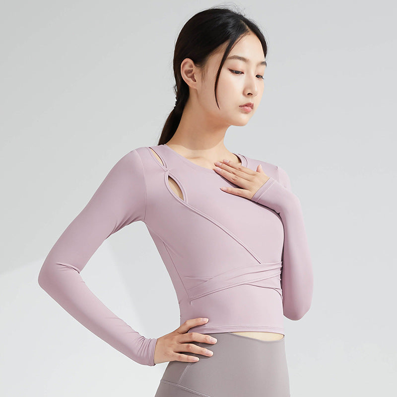 Breathable Yoga Top Women's Long Sleeve Waist Shrinking Slim Outdoor Running T-Shirt Cross Back Fast Drying Fitness Shirt