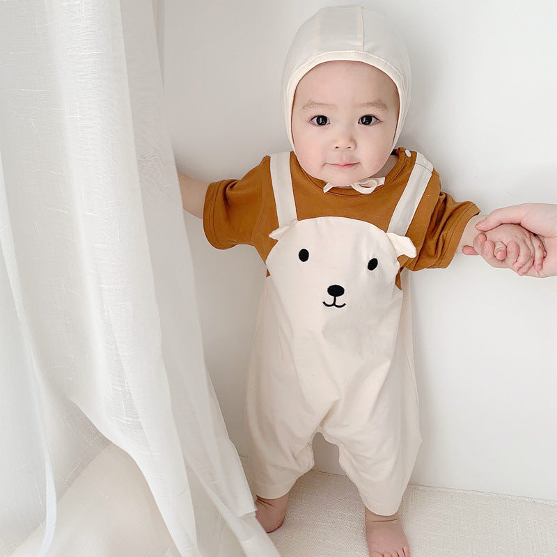 Cute and Adorable Baby Short Sleeve Onesie with Hat, Fake Two-Piece Set, Lightweight Crawling Suit