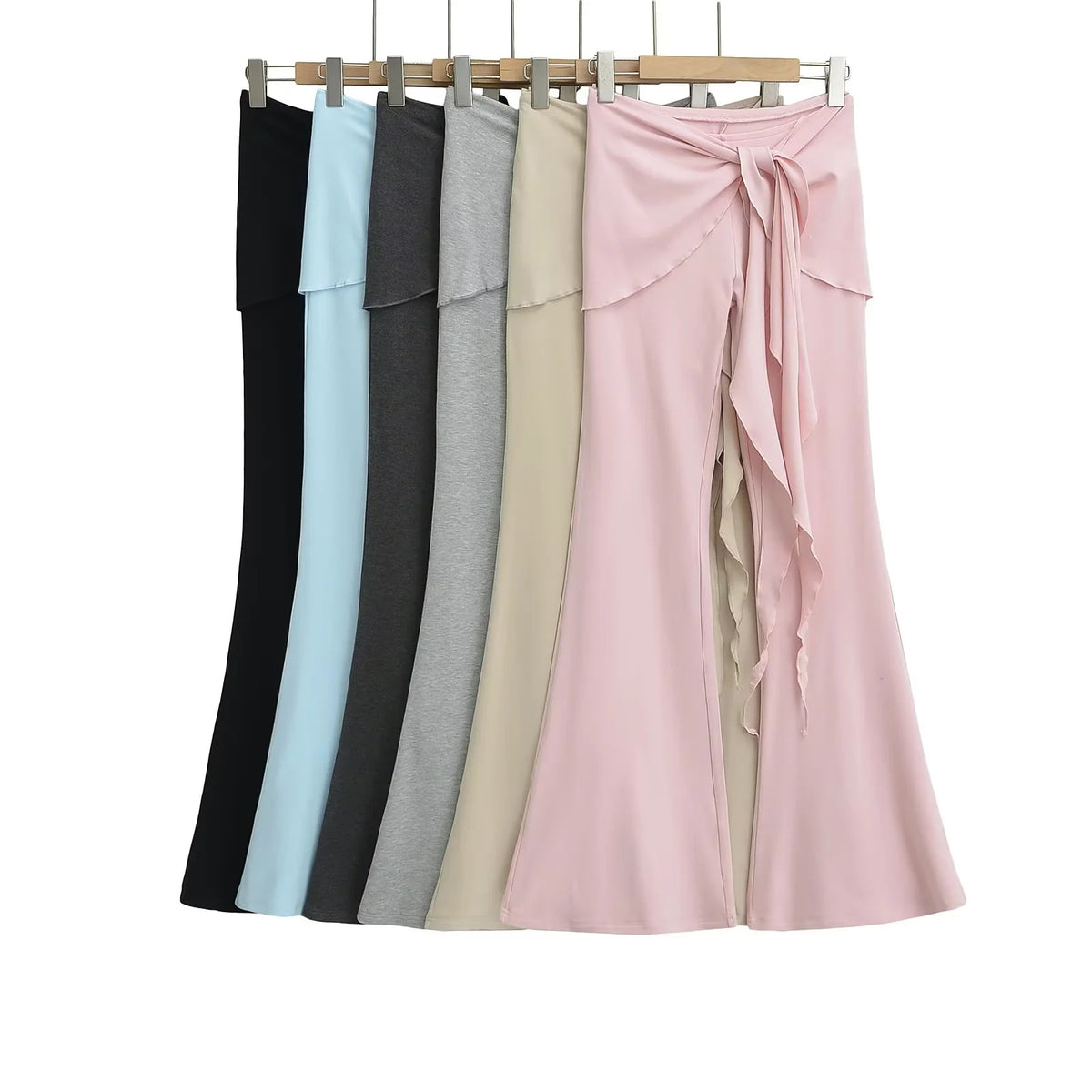Fake two piece spliced ruffled lace up micro flared yoga pants
