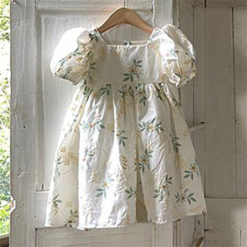 Floral embroidery children's clothing princess cute bubble short sleeved dress