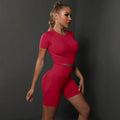 Peach buttocks solid color high elasticity yoga short sleeved shorts set fitness two-piece set