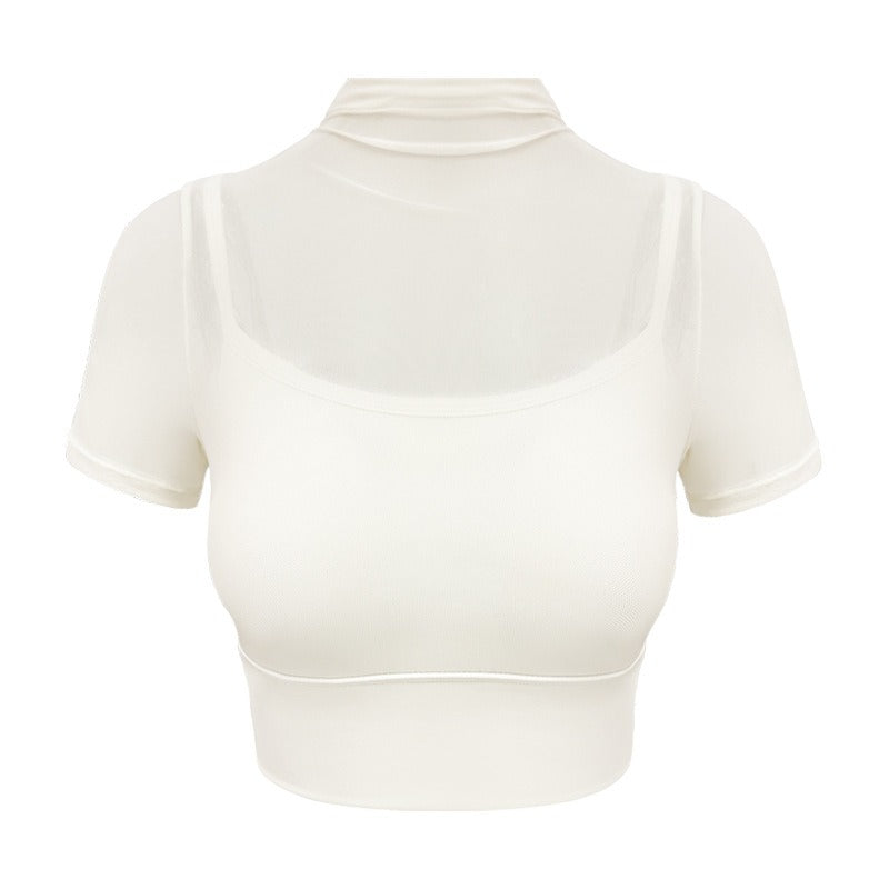 Yoga outfit for women with chest cushion mesh fake two-piece fitness suit sports training short sleeved vest