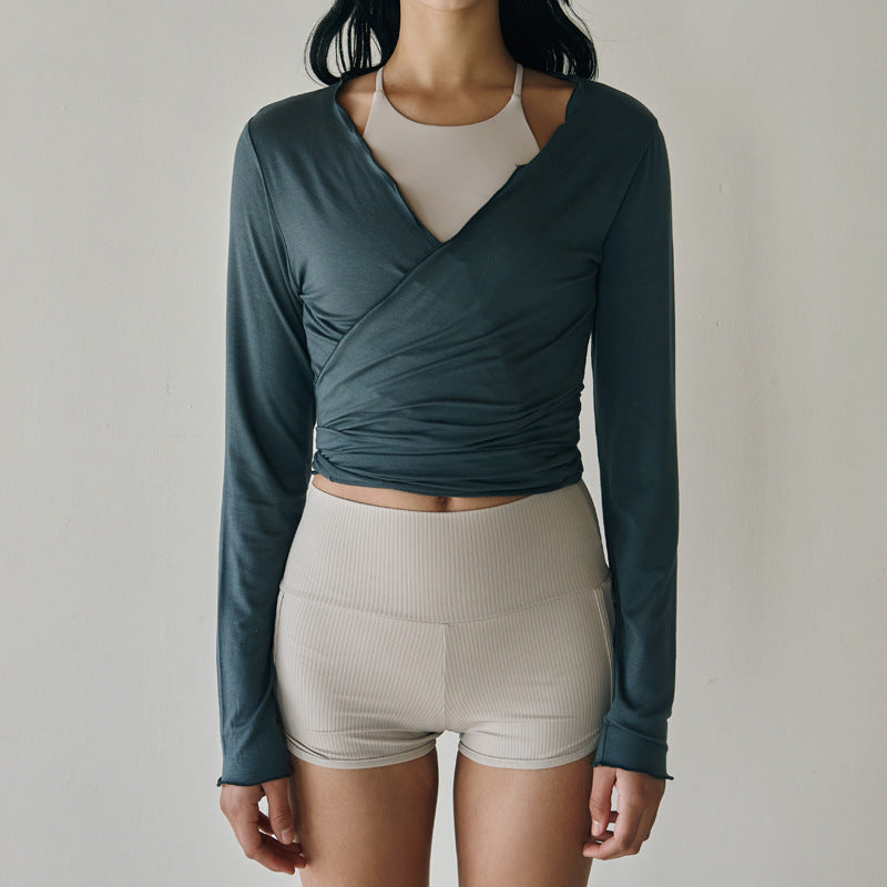 Elegant Fitted Yoga Long Sleeve Cardigan Top with Tie, Multi-wear Pilates Shirt, Versatile Open Front Cover-Up