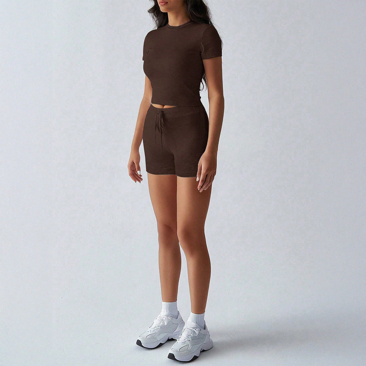 Yoga Sports Style Solid Color Short Sleeve Bandage Shorts Set for Women