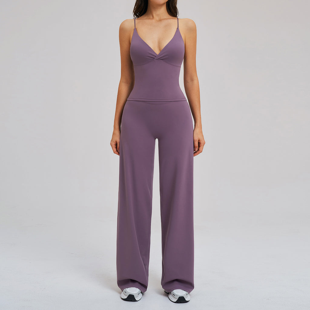 Comfortable Brushed Fabric Sport Set Loose Wide-Leg Backless Casual Outfit Outdoor Cycling Running Yoga Set