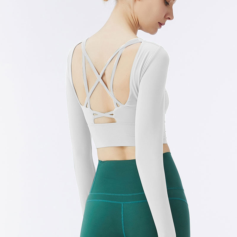 Spring And Summer New Beautiful Back With Chest Cushion Backless Yoga Suit Long Sleeved Sports Women's Nude Fitness Short Top