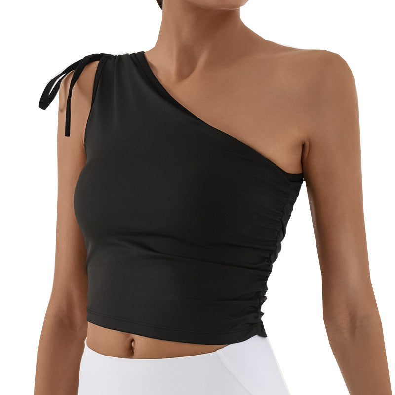 New Yoga Tank Top for Women, Single Shoulder, Gathered with Built-in Bra, High Elasticity, Quick-Dry, Sports Fitness Training Top