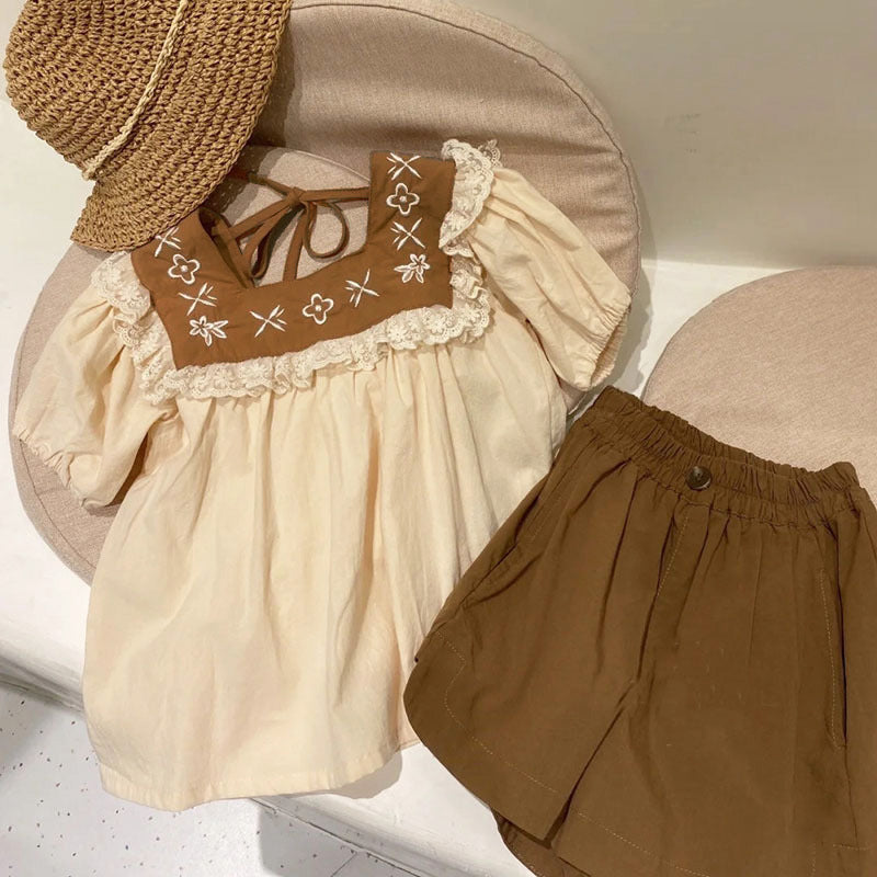 Vintage lace embroidered shirt shorts two-piece set