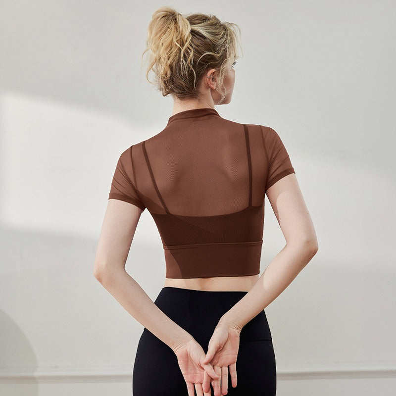 Yoga outfit for women with chest cushion mesh fake two-piece fitness suit sports training short sleeved vest