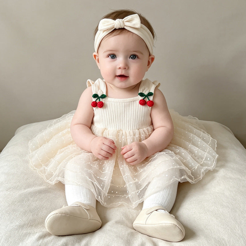 Cute Lace Cardigan Cherry Strap Net Dress Set for Baby Girls