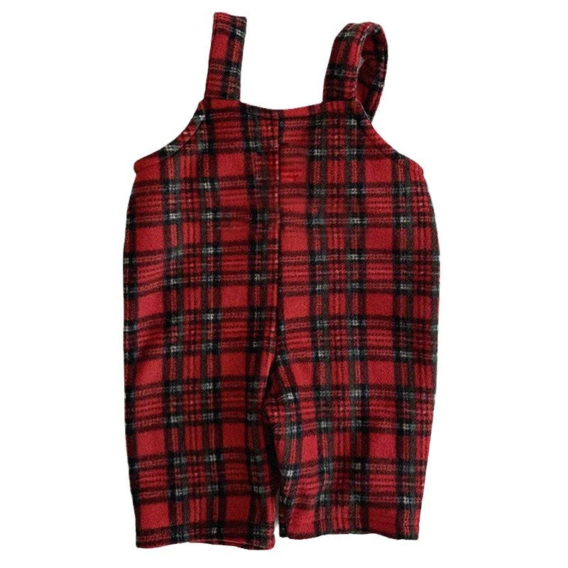 Grid thickened and velvet shoulder strap casual pants