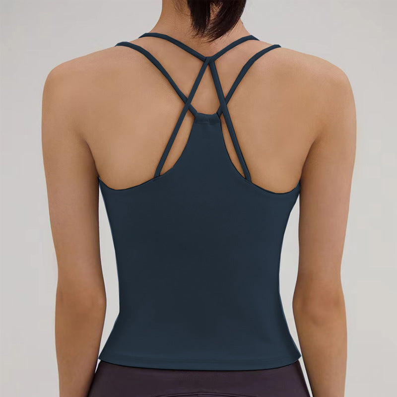 New Yoga Back-Enhancing Sports Fitness Tank Top for Women with Built-in PadsShockproof, Thin Straps, Crossed Strap Top