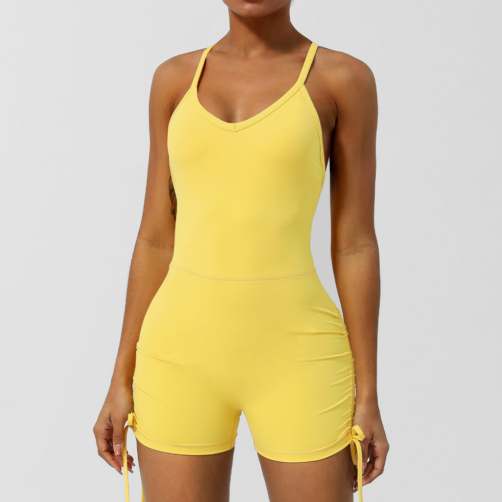 Style V-Neck Bodysuit Yoga Thin Strap Cross Back Yoga Wear Slim Fit Shorts Sleeveless with Built-in Bra