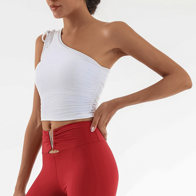 New Yoga Tank Top for Women, Single Shoulder, Gathered with Built-in Bra, High Elasticity, Quick-Dry, Sports Fitness Training Top