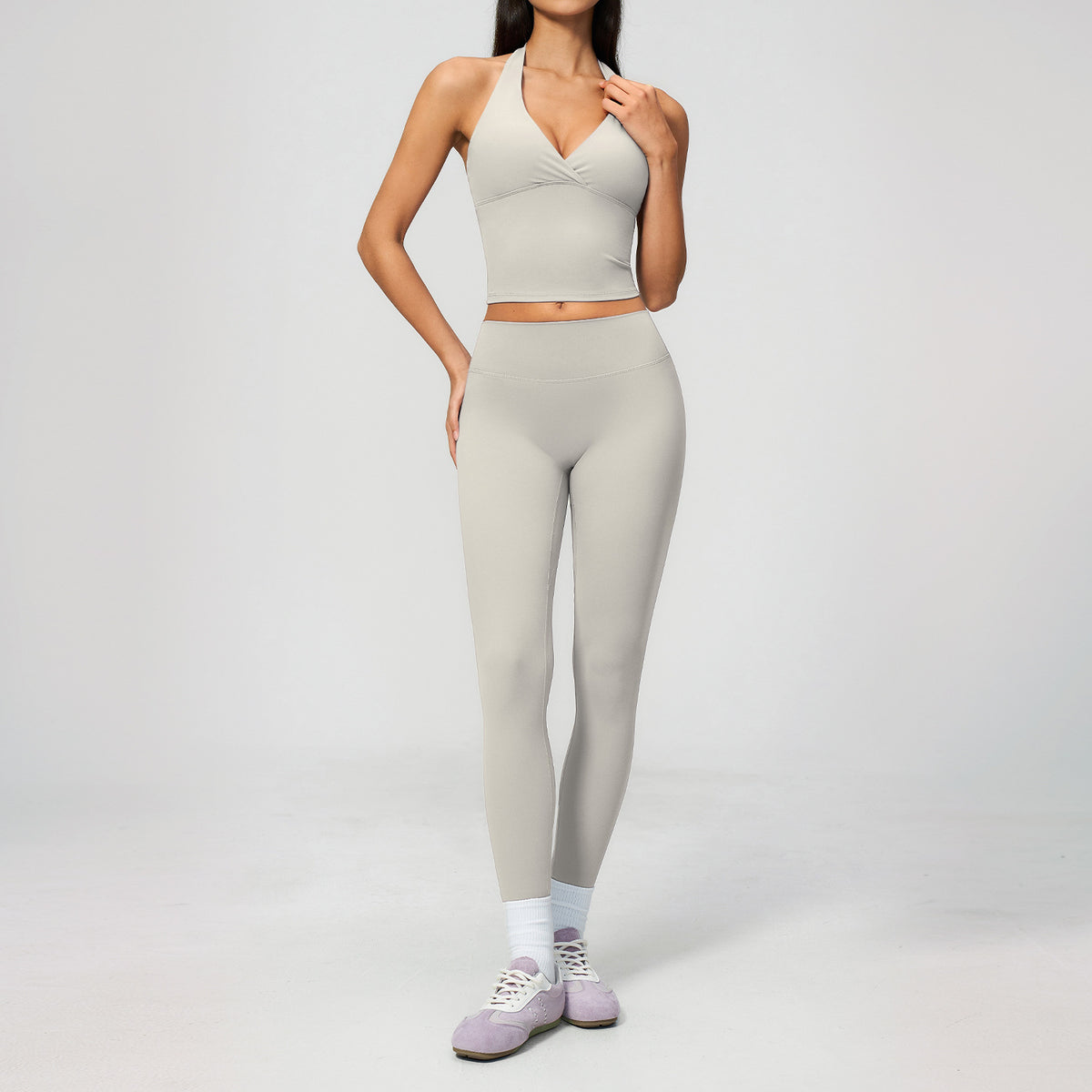 Creamy Feel Yoga Set with Fleece-Lined Deep V Neck, Strapless High Waist, Slim Fit, Butt-Lifting Workout Yoga Outfit for Women