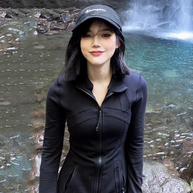 Style Yoga Jacket Outdoor Slim-Fitting Shaping Waist-Cinching Zip-Up High Neck Sports Yoga Long Sleeve Top for Women