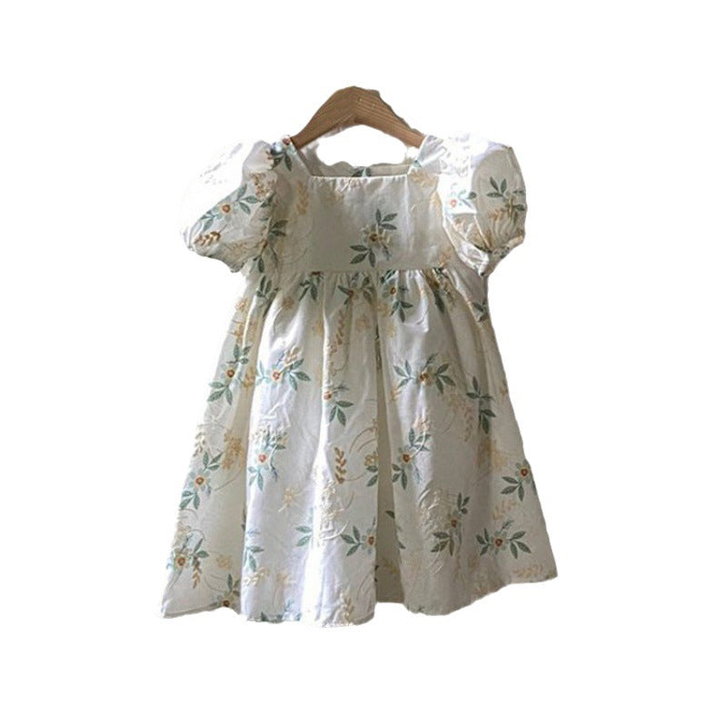 Floral embroidery children's clothing princess cute bubble short sleeved dress