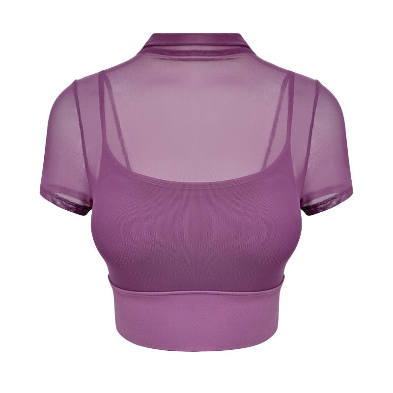 Yoga outfit for women with chest cushion mesh fake two-piece fitness suit sports training short sleeved vest