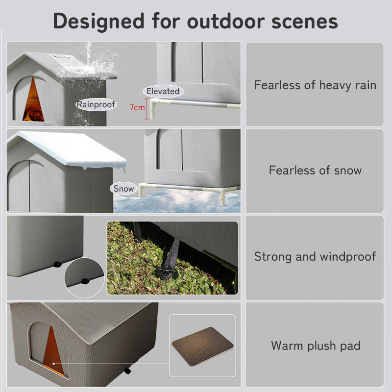 Insulated Outdoor Cat House with Raised Base - Windproof & Weatherproof Shelter with Reflective Lining.