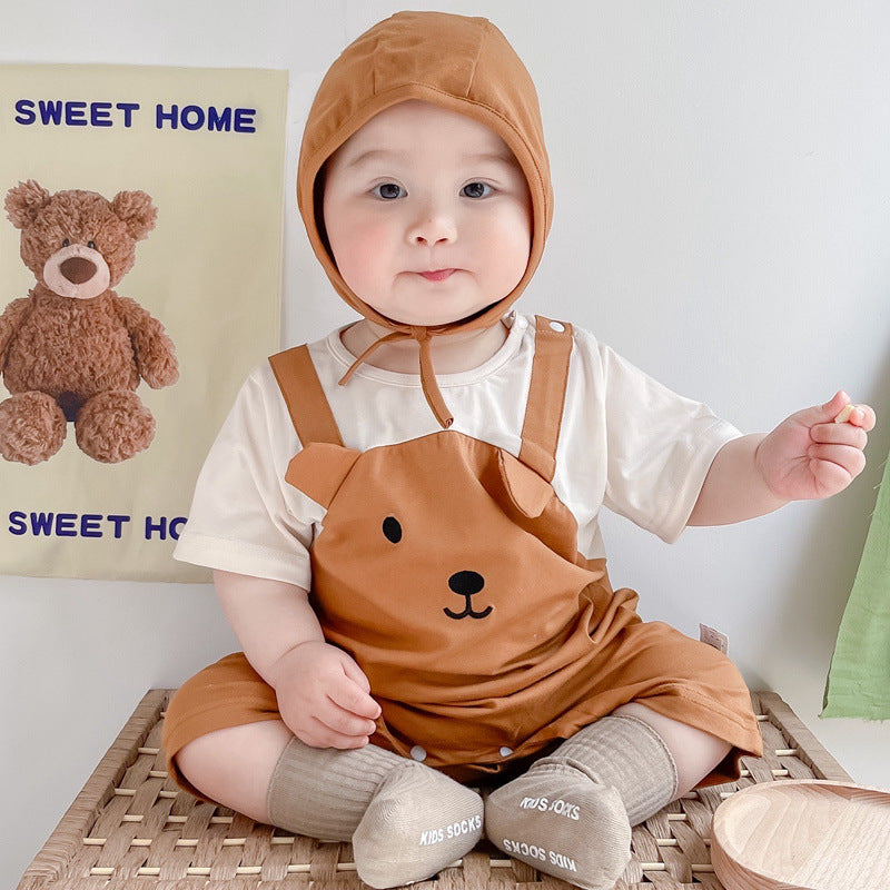 Cute and Adorable Baby Short Sleeve Onesie with Hat, Fake Two-Piece Set, Lightweight Crawling Suit