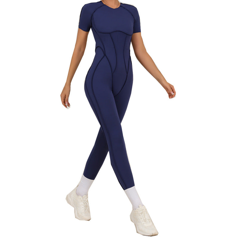 Three dimensional tight fitting sports short sleeved pants jumpsuit, backless one-piece jumpsuit with chest cushion yoga suit