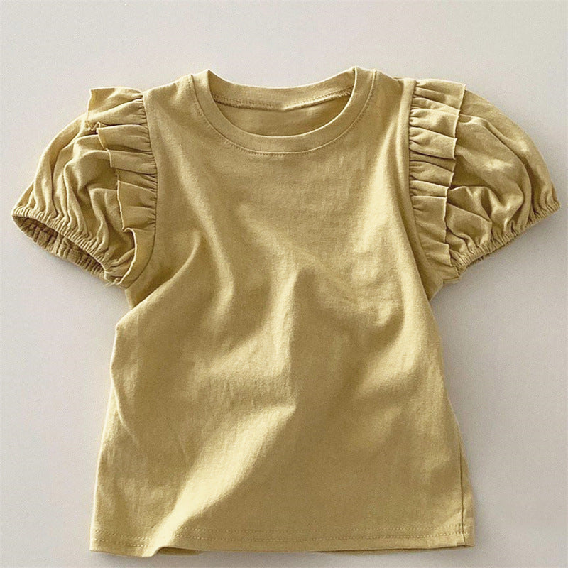 Sweet lace bubble short sleeved round neck top