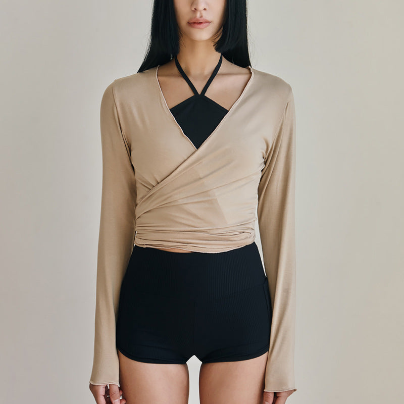 Elegant Fitted Yoga Long Sleeve Cardigan Top with Tie, Multi-wear Pilates Shirt, Versatile Open Front Cover-Up