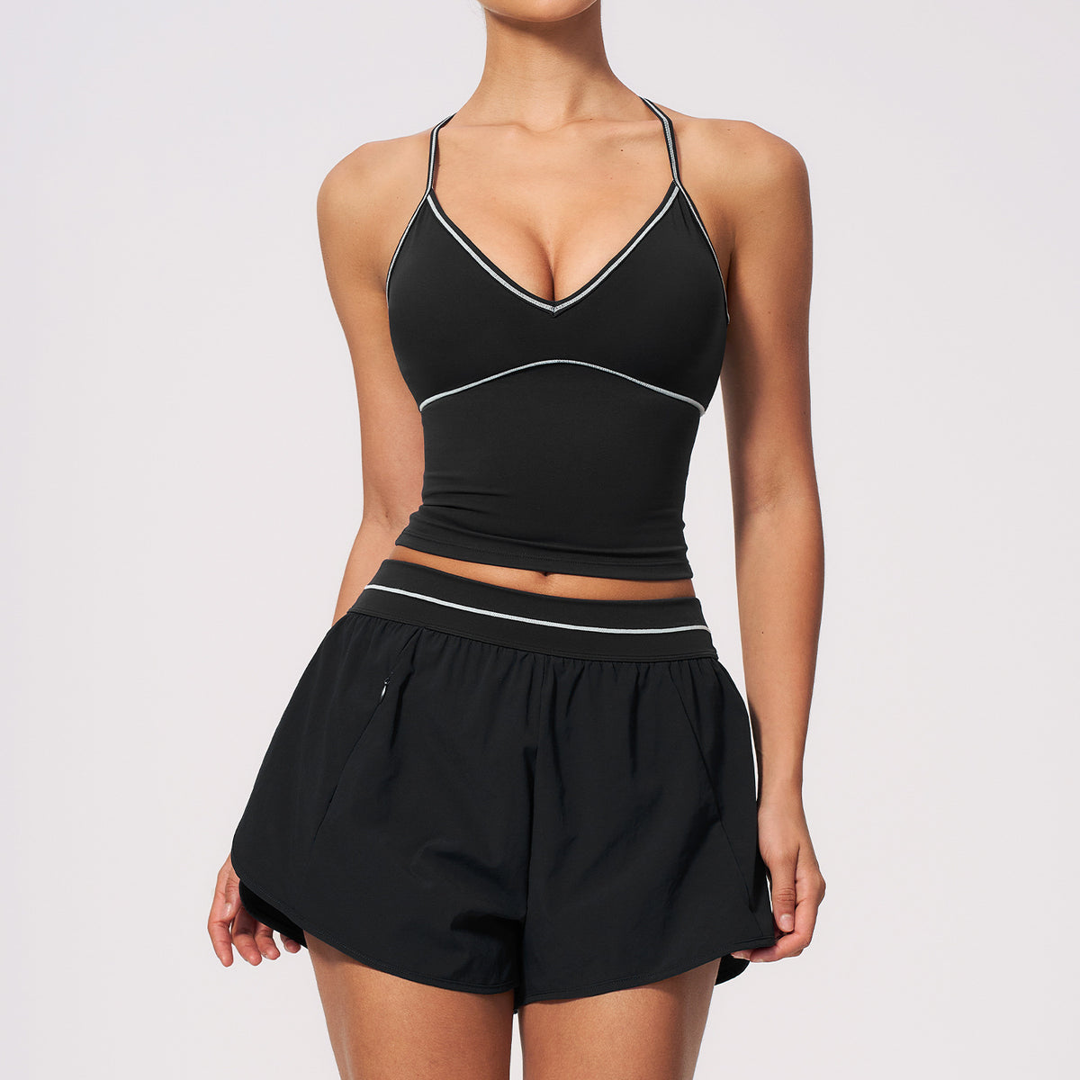 Yoga Suit Set for Women, New Brushed Color-block V-neck Halter Sports Quick-dry Fitness Set