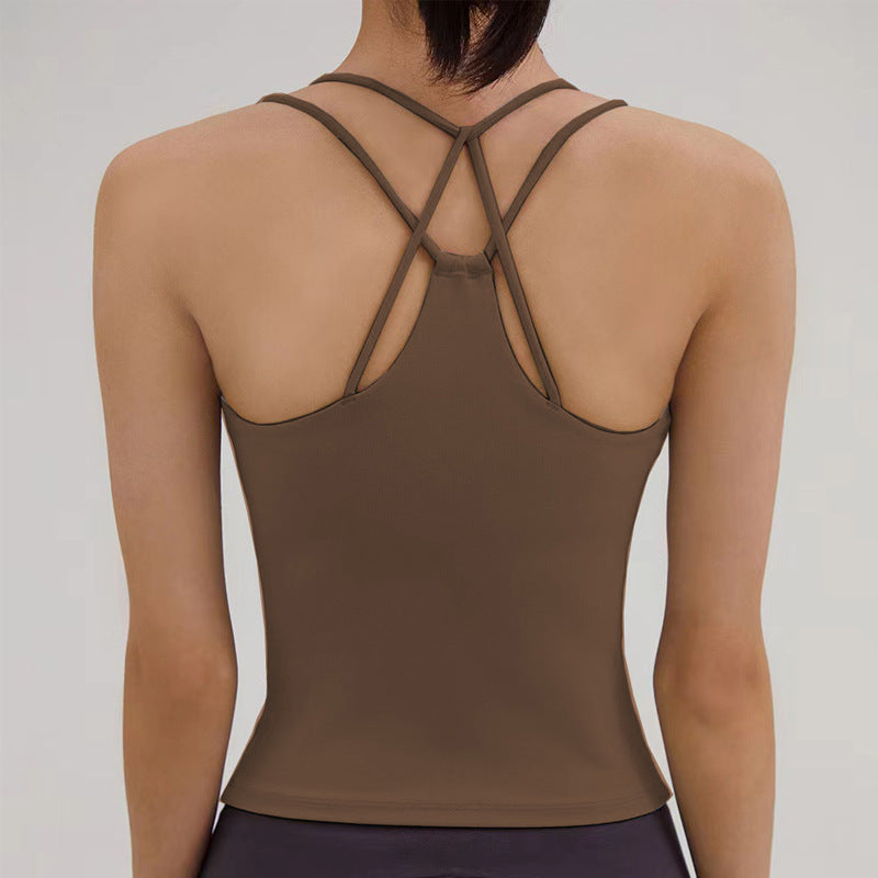 New Yoga Back-Enhancing Sports Fitness Tank Top for Women with Built-in PadsShockproof, Thin Straps, Crossed Strap Top