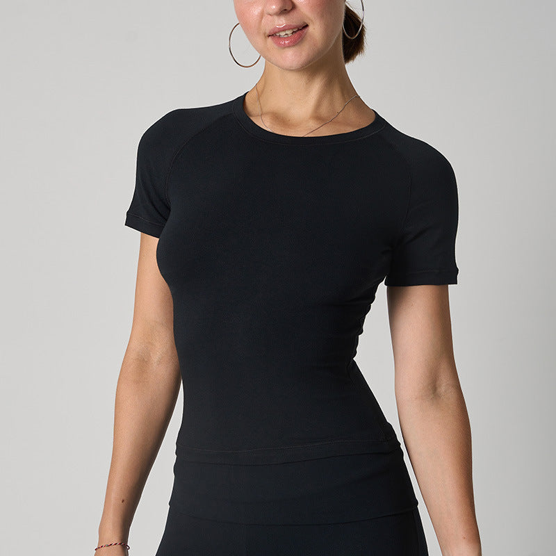 Cotton Jersey T-shirt Round Neck Slim Fit High Stretch Yoga Short Sleeve