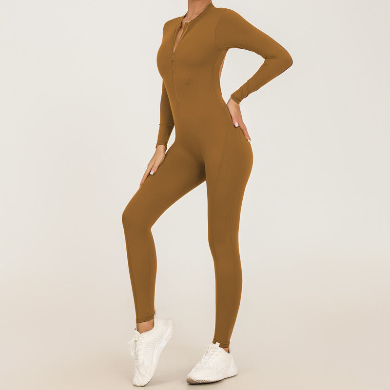Fall and Winter New Style Zipper Long Sleeve Sheer Yoga Jumpsuit for Women, Daily Fitness and Exercise Full-Length Pants