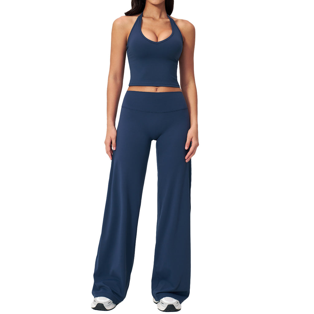 Hanging Neck Backless Sleeveless Wide-Leg Straight Fit Sport Set Yoga Workout Outfit