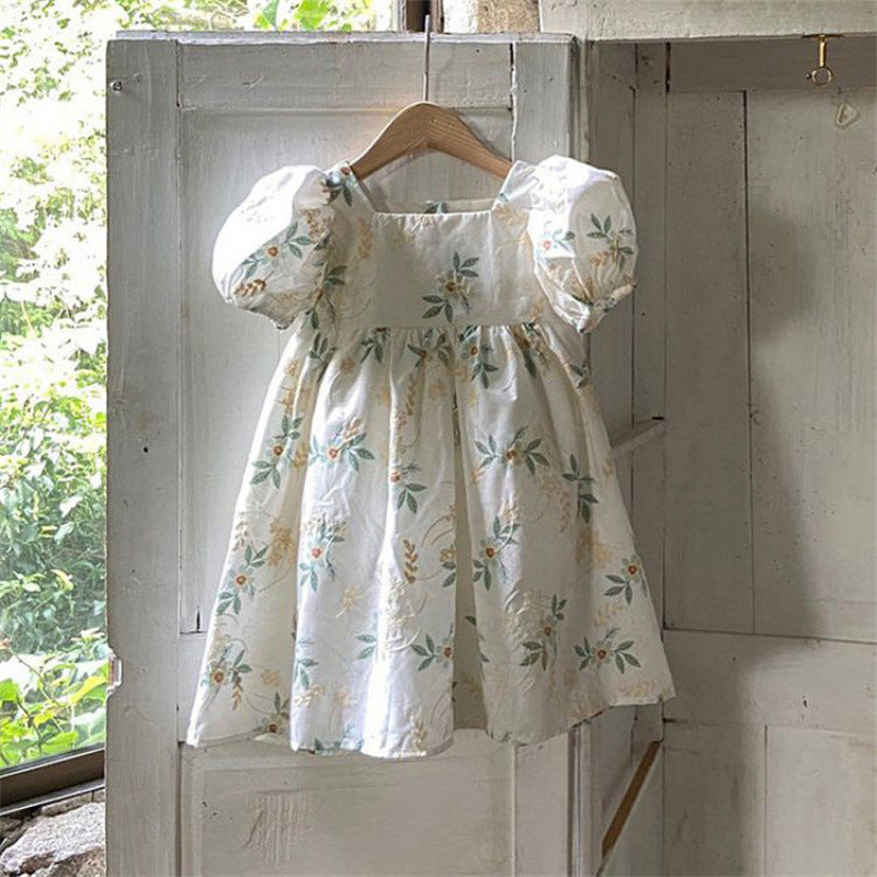 Floral embroidery children's clothing princess cute bubble short sleeved dress