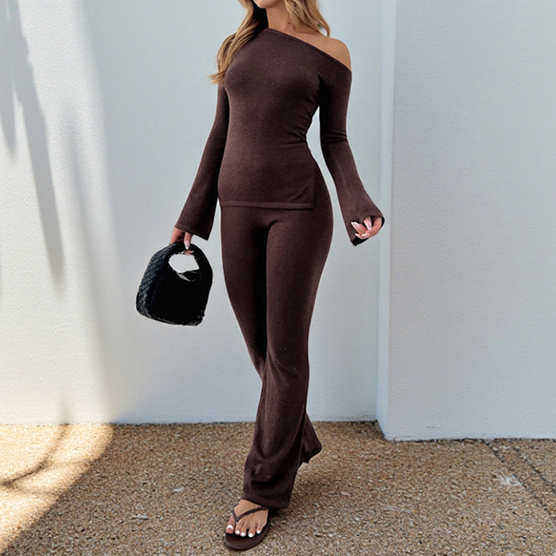 Yoga exercise suit slim fit long pants solid color knitted long sleeved top for women