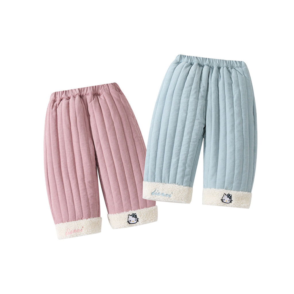 Quilted Fleece Pants with Plush Trim, Thickened Patchwork Design, Stylish and Versatile Winter Pants for Infants