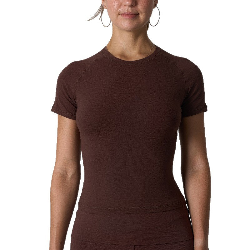 Cotton Jersey T-shirt Round Neck Slim Fit High Stretch Yoga Short Sleeve