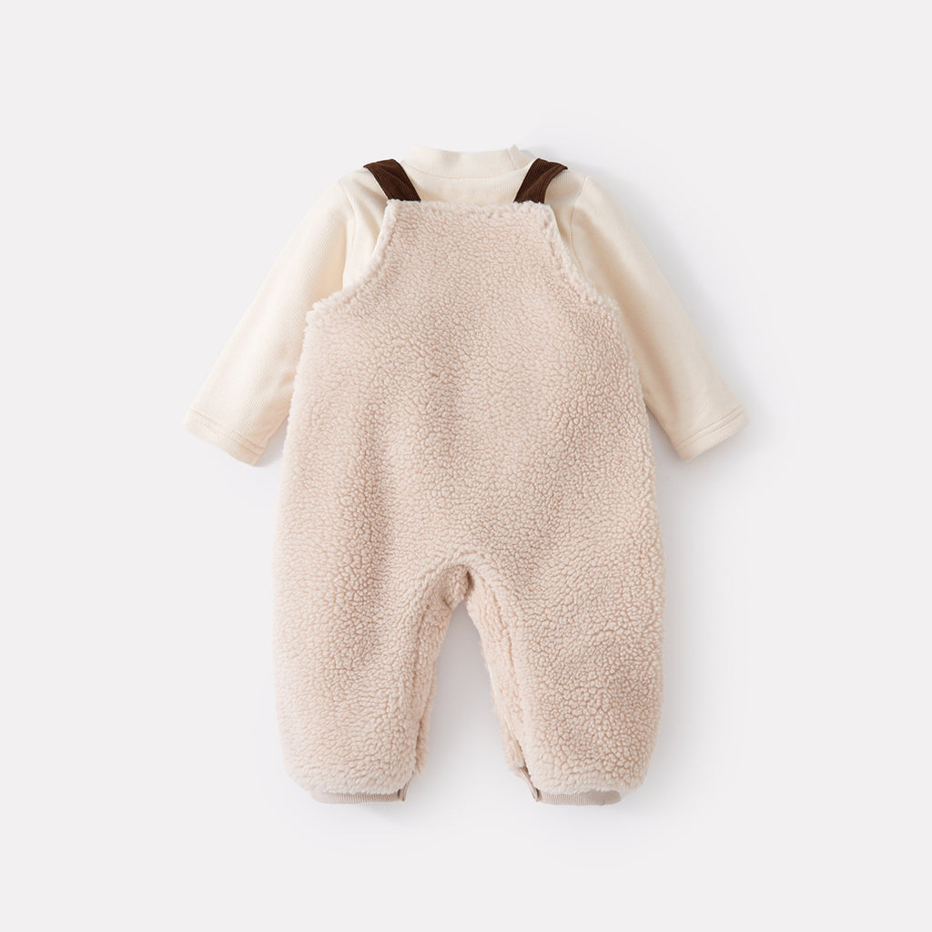 Thick Plush Overalls Set for Babies and Toddlers, Two-Piece Outfit with Onesie and Base Layer