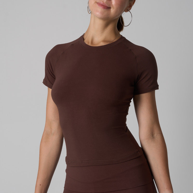 Cotton Jersey T-shirt Round Neck Slim Fit High Stretch Yoga Short Sleeve