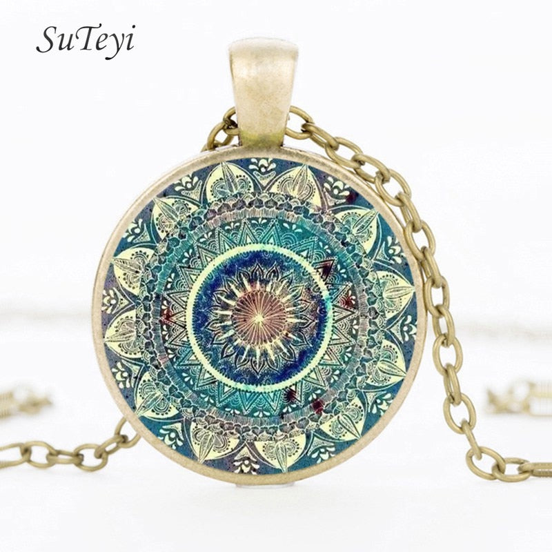 Vintage Glass Dome Necklace Buddhism Chakra Glass Cabochon Pendant Jewelry Om India Yoga Mandala Necklaces