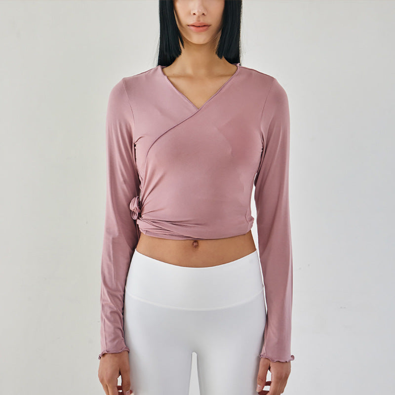 Elegant Fitted Yoga Long Sleeve Cardigan Top with Tie, Multi-wear Pilates Shirt, Versatile Open Front Cover-Up