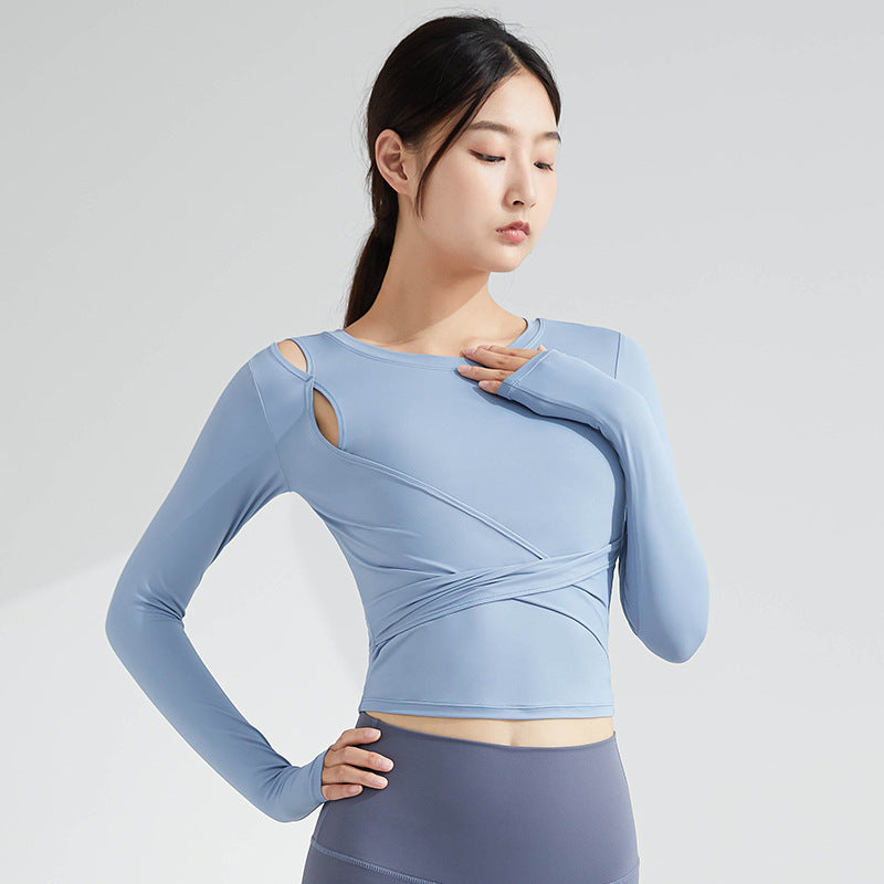 Breathable Yoga Top Women's Long Sleeve Waist Shrinking Slim Outdoor Running T-Shirt Cross Back Fast Drying Fitness Shirt