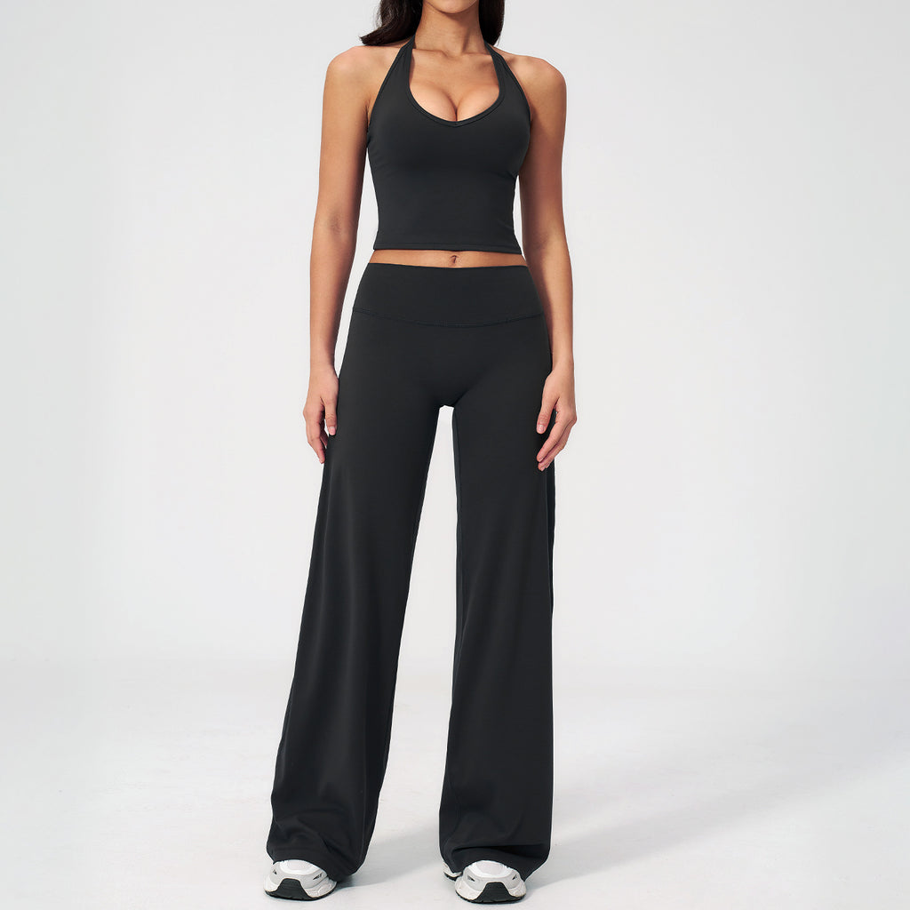 Hanging Neck Backless Sleeveless Wide-Leg Straight Fit Sport Set Yoga Workout Outfit