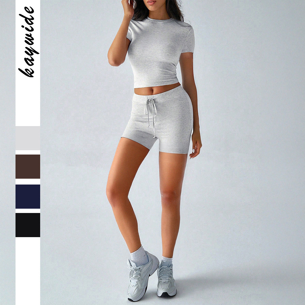 Yoga Sports Style Solid Color Short Sleeve Bandage Shorts Set for Women