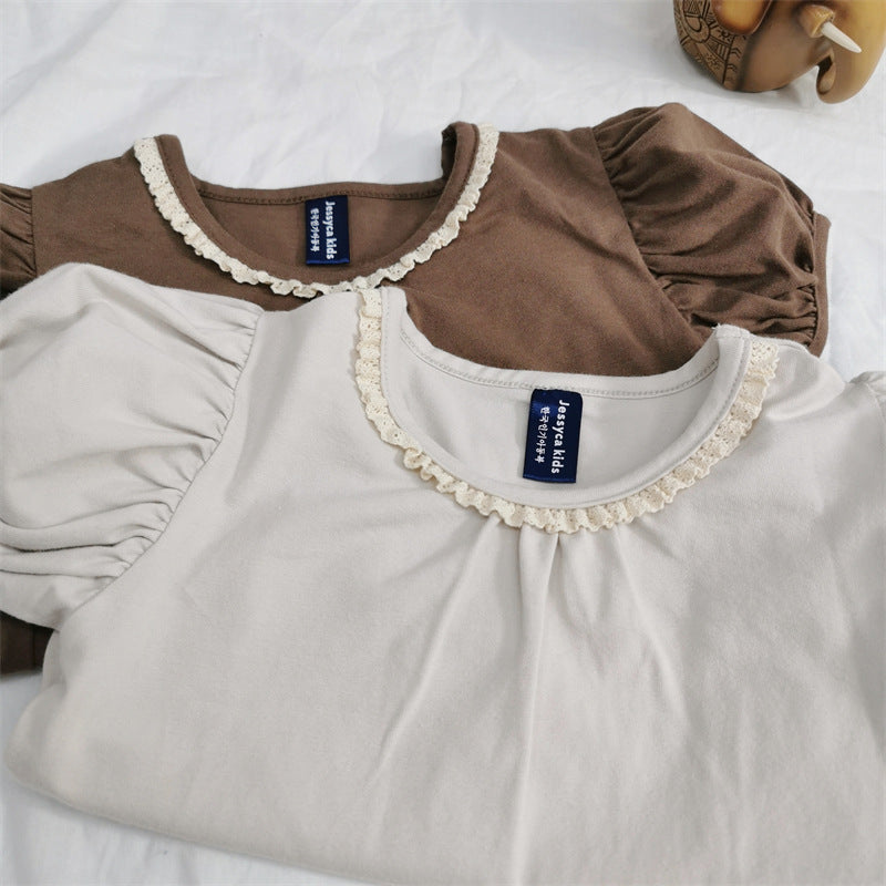 Sweet lace round neck bubble sleeves cute short sleeved t-shirt