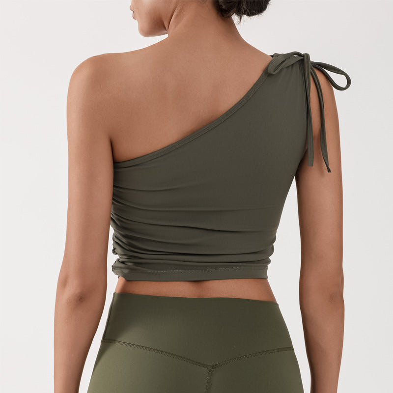 New Yoga Tank Top for Women, Single Shoulder, Gathered with Built-in Bra, High Elasticity, Quick-Dry, Sports Fitness Training Top